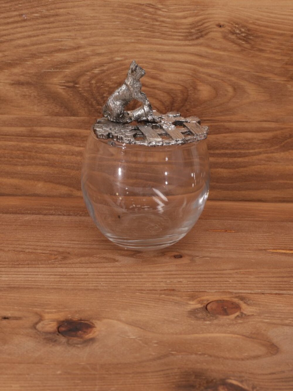Clear Glass Vanity Jar with Cat Pewter Lid